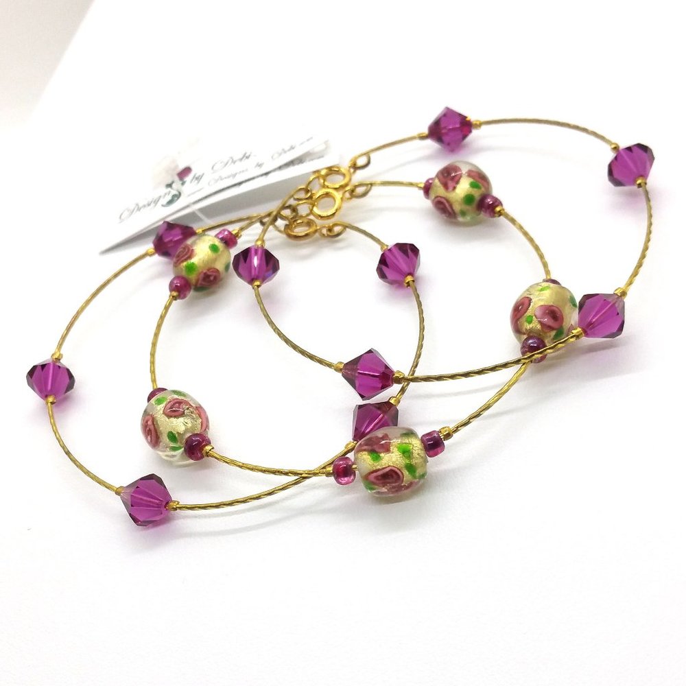 Glass & Crystal Roses Bangle Trio
